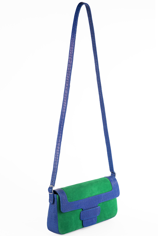 Emerald green and electric blue women's dress handbag, matching pumps and belts. Worn view - Florence KOOIJMAN